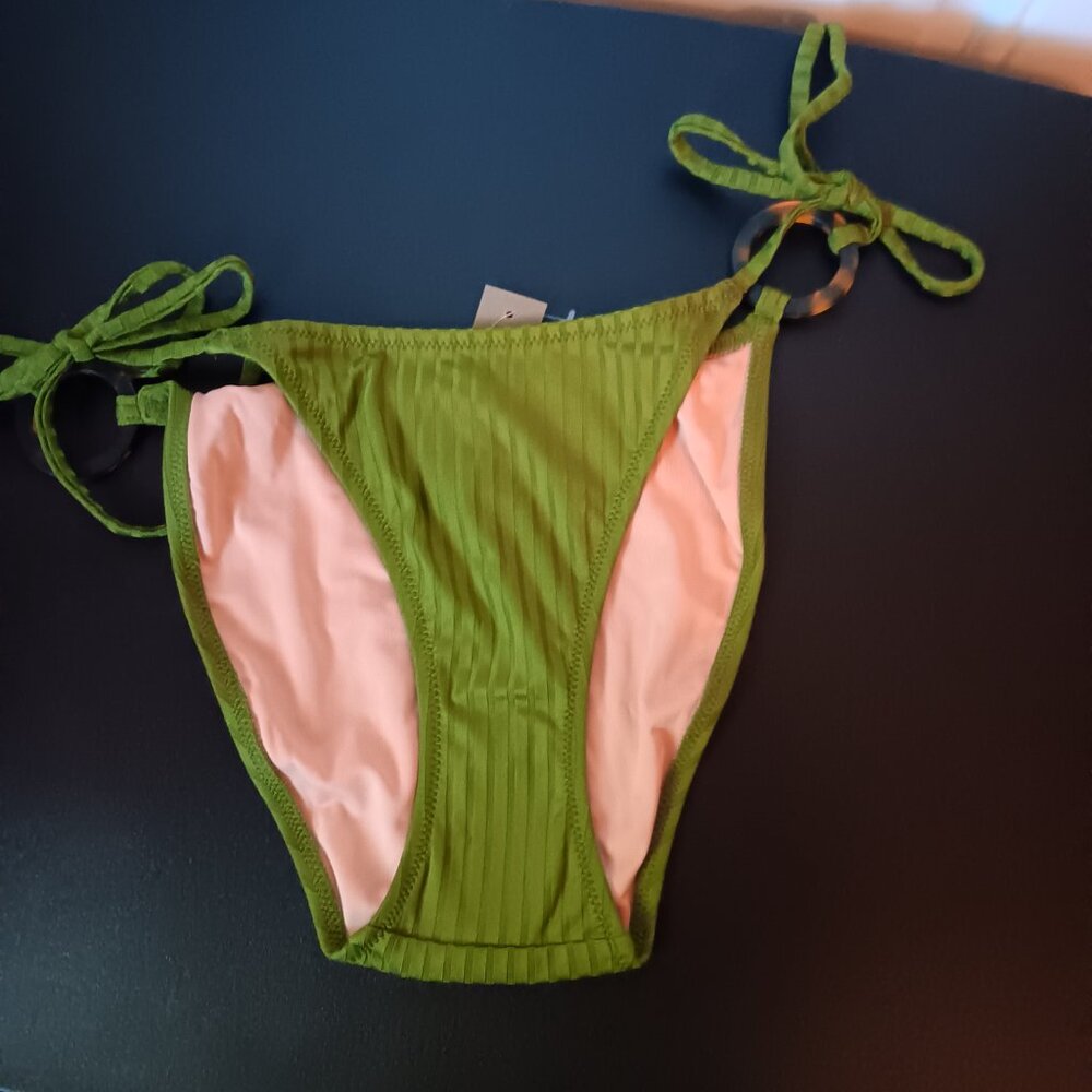 J Crew Women's Wide Rib Curved Waist Cheeky String Bikini Bottom With Ri… - Picture 4 of 5